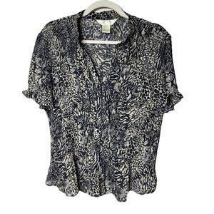 Animal Print Pleated Top Button Up Blouse Large Ruffles Short Sleeve Mafia Wife